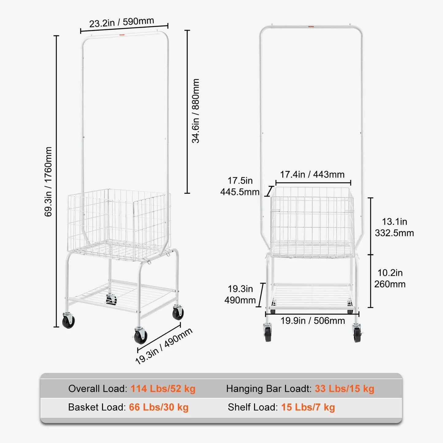 VEVOR Metal Rolling Laundry Basket with Hanging Garment Rack, Height Adjustment Laundry Hamper Cart with Basket Load and Shelf Load, Storage Organizer with Heavy Duty Lockable Wheels