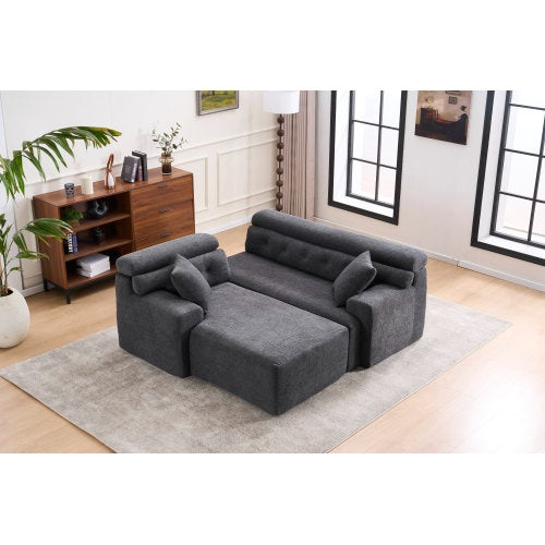 LY-029B WHITE COMPRESSION SOFA Combining Chaise Longue With 3-seater  Wood Grain Chenille Fabric, Full Sponge Compression Sofa,combined Sofa With 2 Pillows For Living Home Furniture