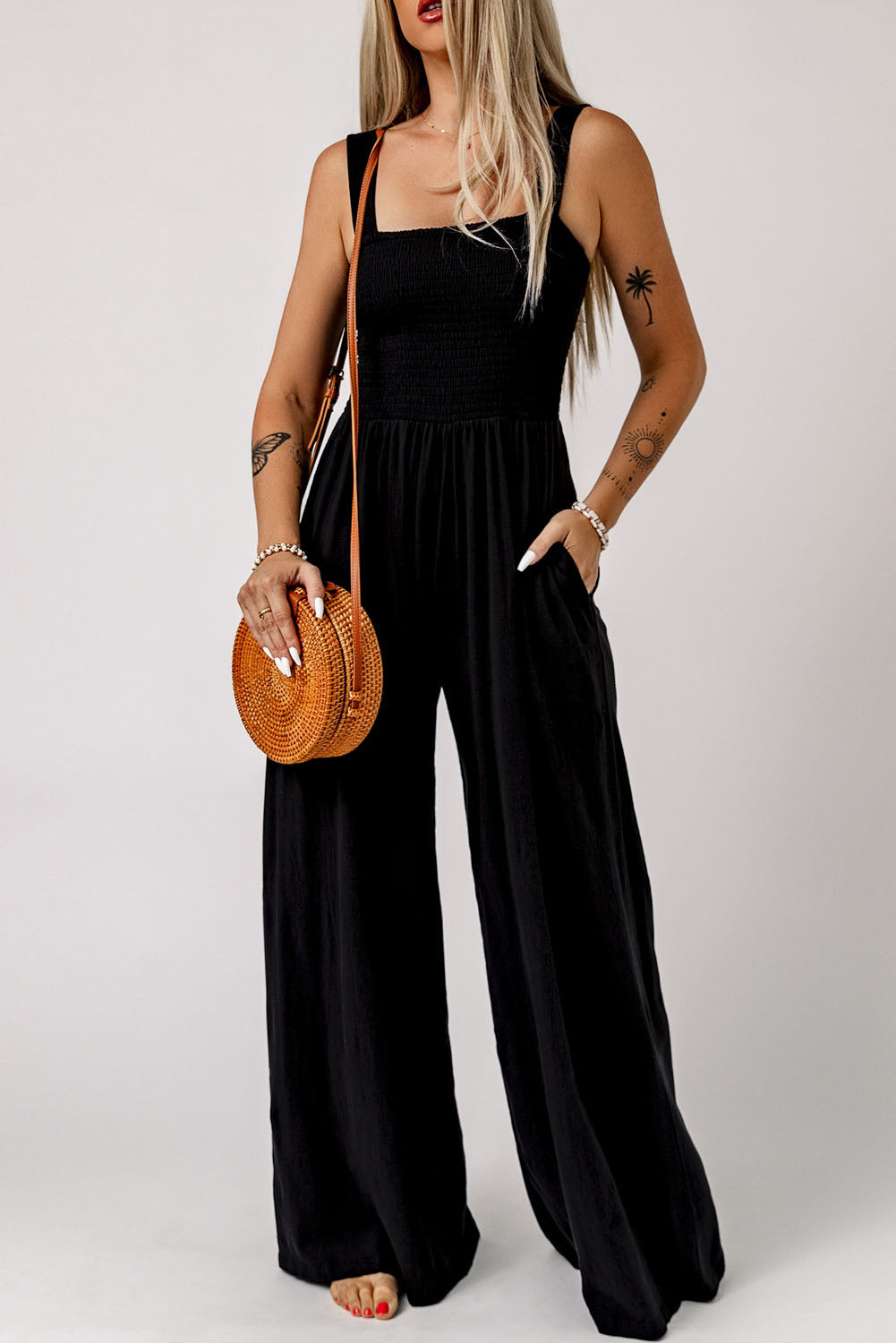 Smocked Square Neck Wide Leg Jumpsuit with Pockets Trendsi