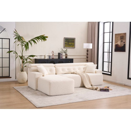 LY-029B WHITE COMPRESSION SOFA Combining Chaise Longue With 3-seater  Wood Grain Chenille Fabric, Full Sponge Compression Sofa,combined Sofa With 2 Pillows For Living Home Furniture