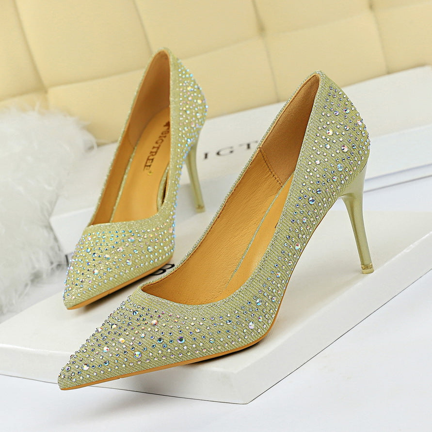 9219-A22 Korean Fashion Wedding Shoes High Heels Stiletto Heel High Heel Shallow Mouth Pointed Sexy Banquet Rhinestone Shoes