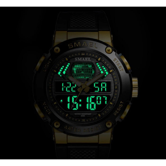 Boy's Dual Display Watch With Black Silicone Strap And Black And Gold Dial