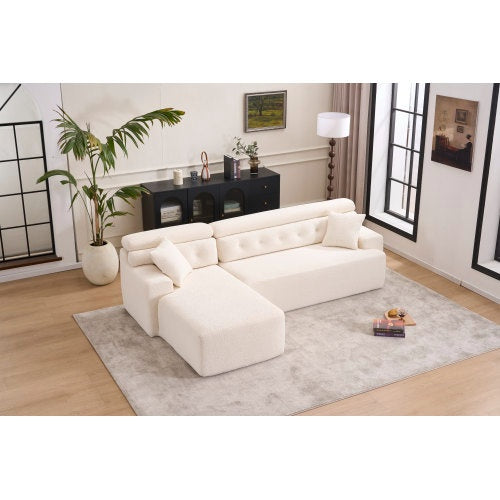 LY-029B WHITE COMPRESSION SOFA Combining Chaise Longue With 3-seater  Wood Grain Chenille Fabric, Full Sponge Compression Sofa,combined Sofa With 2 Pillows For Living Home Furniture