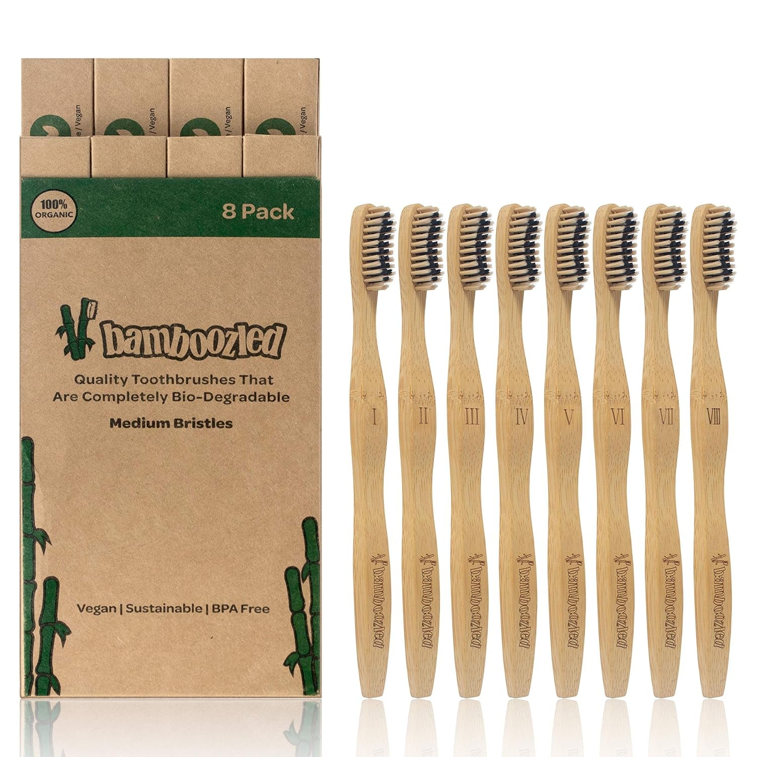 | Bamboo Toothbrush | Charcoal Infused BPA Free Medium Bristles | Organic & Sustainable | Biodegradable & Eco-Friendly | Set of 8 | the Natural Way to Whitening Your Teeth