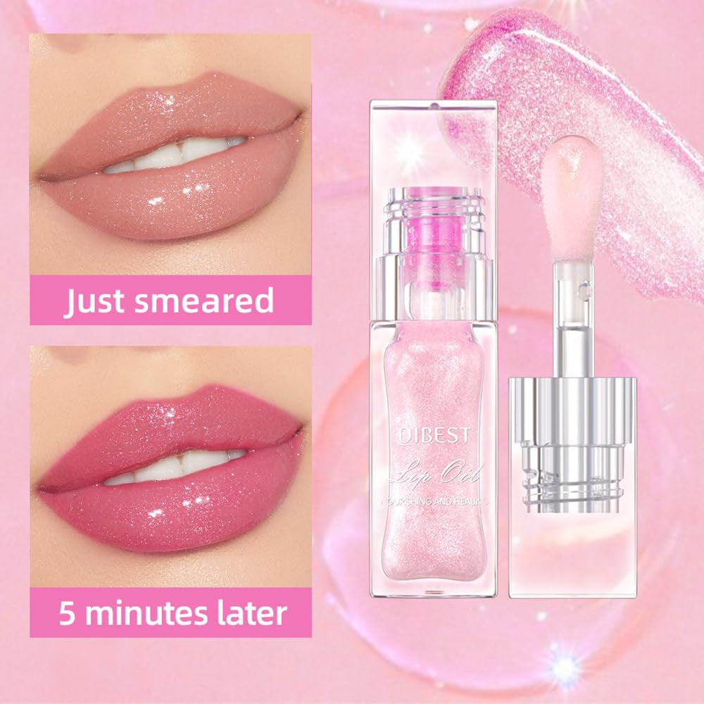 Color Changing Lip Oil – Magic Glitter Gloss with Large Brush, Hydrating & Shimmery, Long-Lasting, Non-Sticky Lip Glow (1 PC)