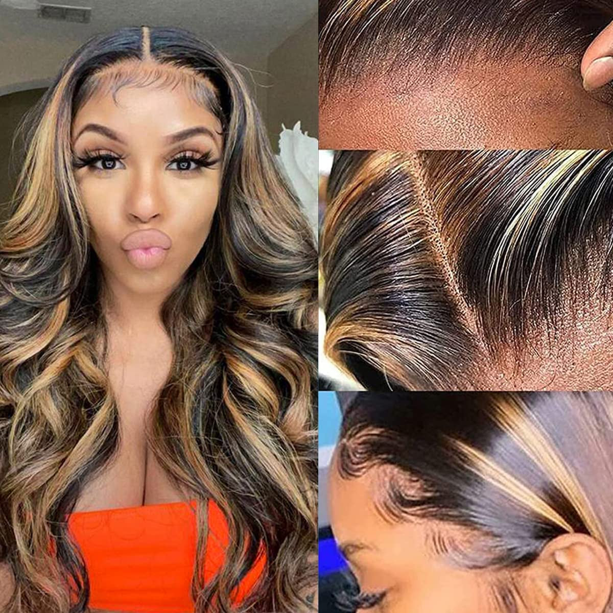 Black Brown Highlight Ombre Lace Front Wig Human Hair Honey Blonde Ombre Lace Front Wig Glueless Body Wave Lace Closure Wigs 4X4 Pre Plucked Bleached Knots for Women Balayage 26 Inch