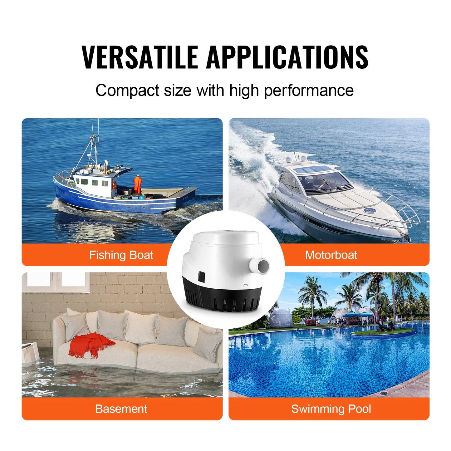 VEVOR Bilge Pump, 750GPH 12V Automatic Submersible Boat Bilge Water Pump with Float Switch, 0.7 Outlet Diameter, Small Boat Bilge Pump, Marine Electric Bilge Pump for Boats, Ponds, Pools, Basements