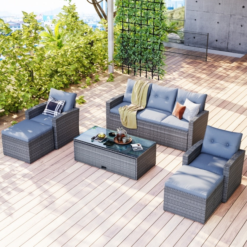 6-Piece All-Weather Wicker PE Rattan Patio Dining Set With Coffee Table