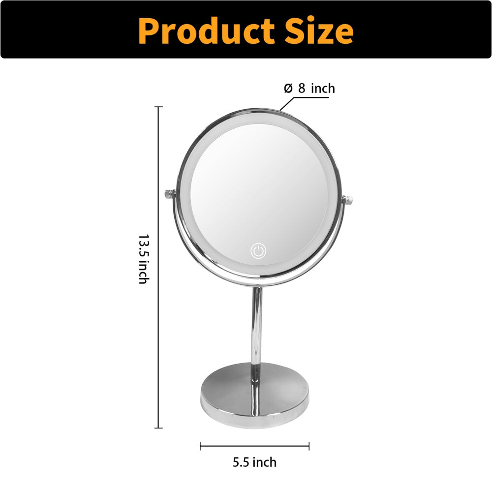 8-inch Makeup Mirror with Lights, Double Sided 1X/10X Magnifying Mirror, 3 Color Lighting Dimmable Vanity Mirror with 360° Swivel , Built-In Battery Operated (Chrome)