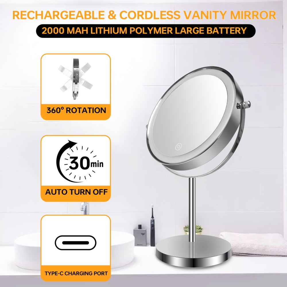 8-inch Makeup Mirror with Lights, Double Sided 1X/10X Magnifying Mirror, 3 Color Lighting Dimmable Vanity Mirror with 360° Swivel , Built-In Battery Operated (Chrome)