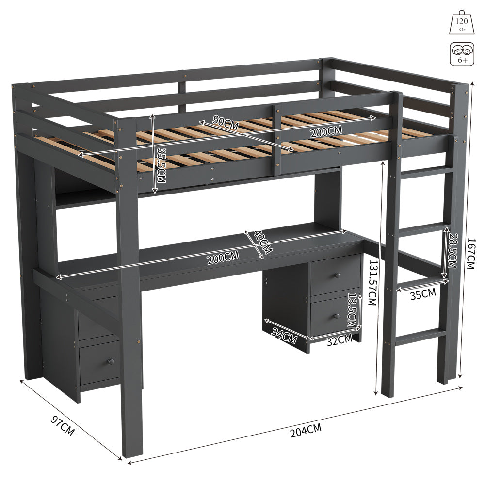 90*200cm Hochbett, Kinderbetten, Bett oben, Tisch unten, Großer Stauraum, Hohes Geländer, Stabile Treppe, Grau