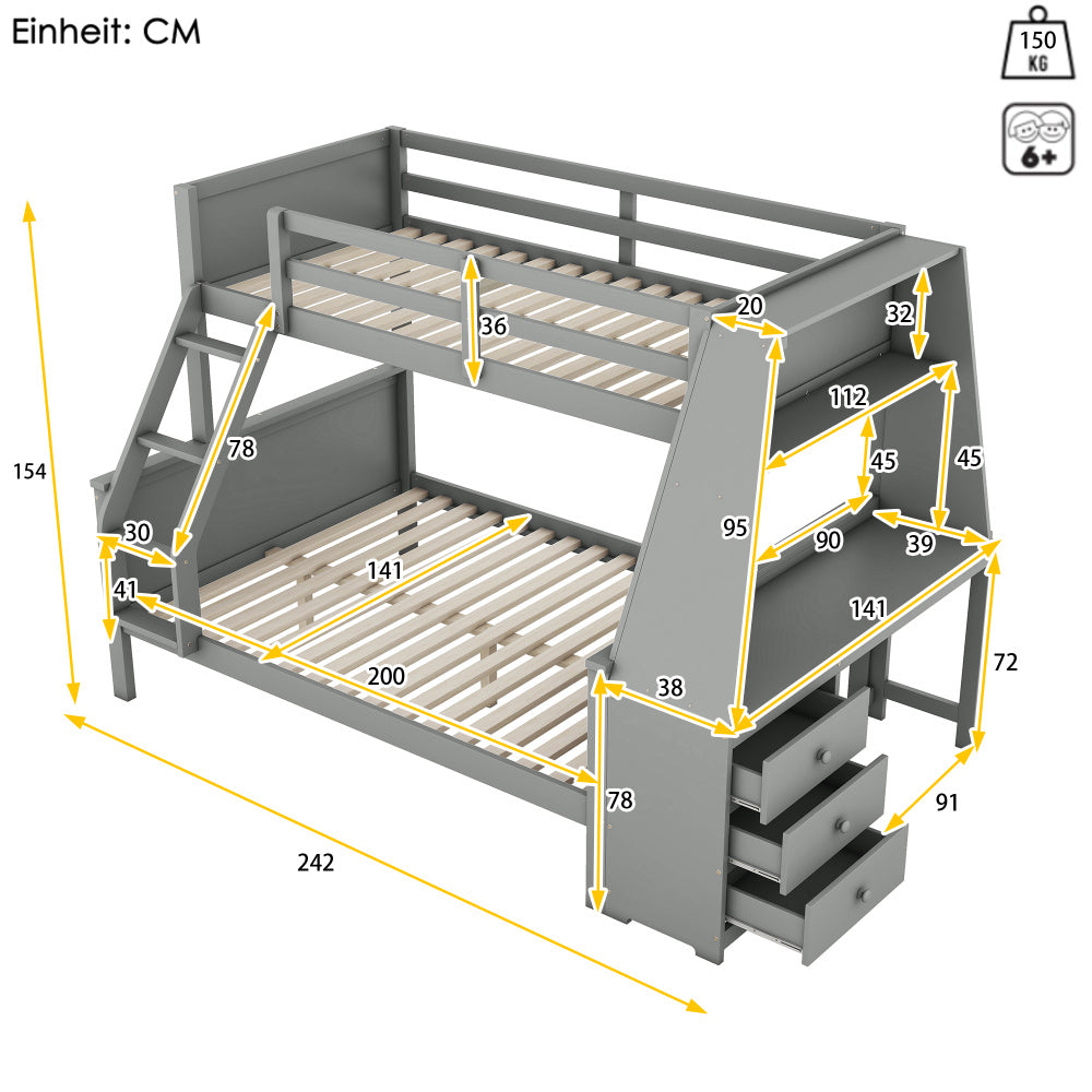 90*200cm140*200cm Etagenbett, Kinderbett, ausgestattet mit Tisch, großer Stauraum, hohes Geländer, grau