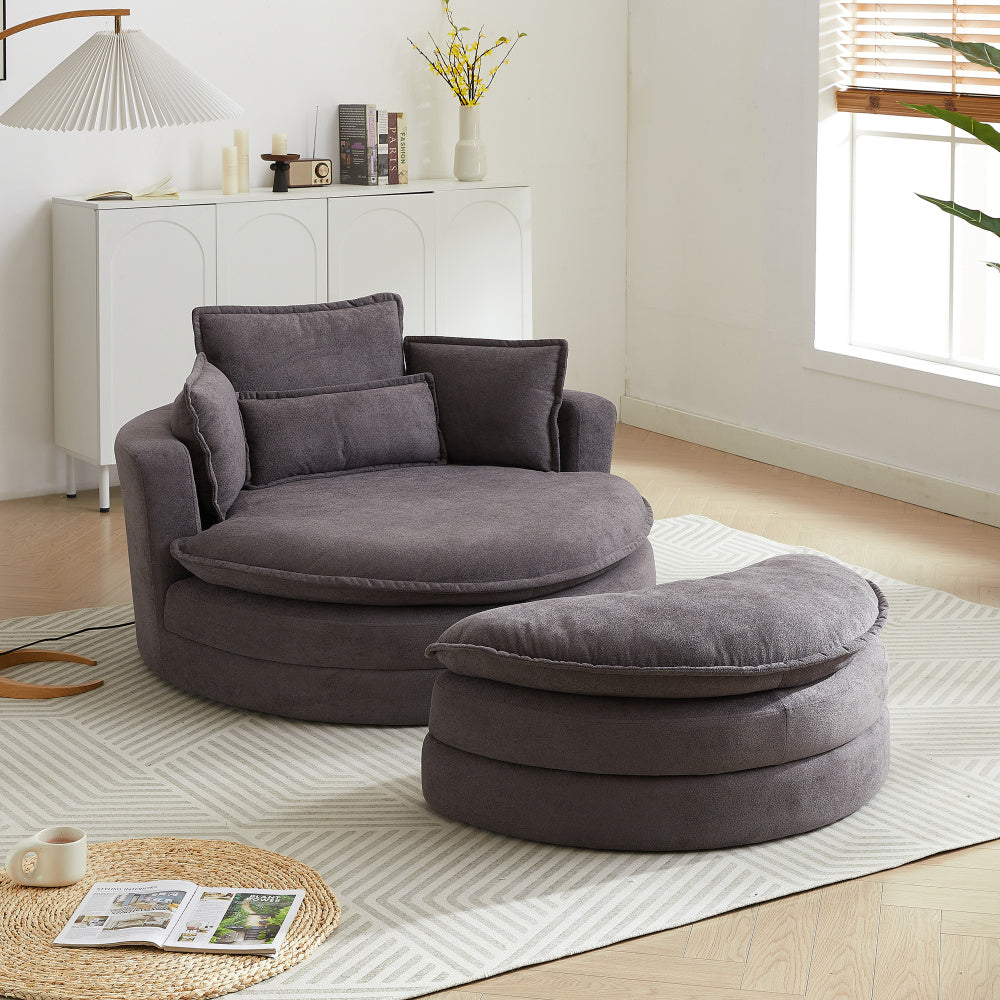 52&#039; Swivel Accent Barrel Modern Grey Sofa Lounge Club Big Round Chair with Storage Ottoman chenille Fabric for Living Room Hotel with 4 Pillows