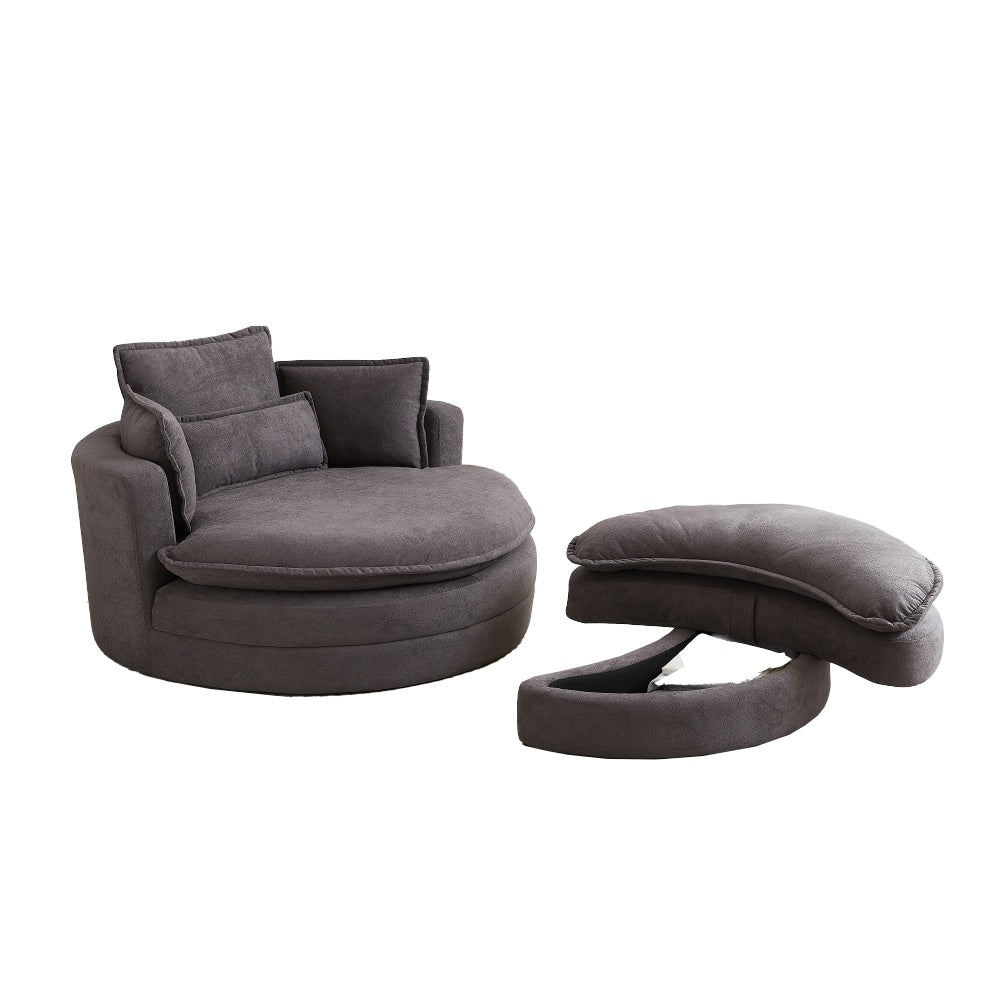 52&#039; Swivel Accent Barrel Modern Grey Sofa Lounge Club Big Round Chair with Storage Ottoman chenille Fabric for Living Room Hotel with 4 Pillows