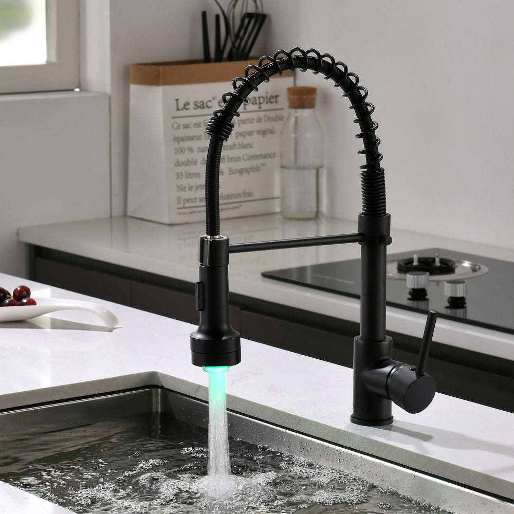 LED Commercial Kitchen Faucet with Pull Down Sprayer, Single Handle Single Lever Kitchen Sink Faucet