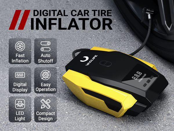 VacLife Air Compressor Tire Inflator, DC 12V Portable Air Compressor for Car Tires, Auto Tire Pump with LED Light, Digital Air Pump for Car Tires, Bicycles and Other Inflatables, Yellow(VL701)