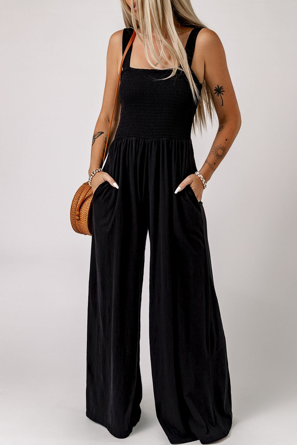 Smocked Square Neck Wide Leg Jumpsuit with Pockets Trendsi