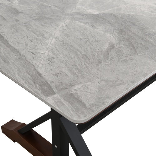 Sintered Stone Dining Table, 63 Modern Gray Rectangular Kitchen Dinner Table, Faux Marble Dining Room Table With X-shaped Metal Legs And Solid Wood Base, Scratch And Heat Resistant, Table Only