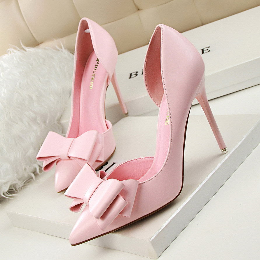 3168-2 Korean Fashion Show Gas Sweet Bow High Heels Stiletto Heel Low-cut Pointed Side Hollow Shoes