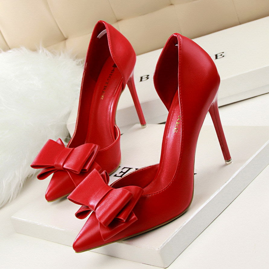 3168-2 Korean Fashion Show Gas Sweet Bow High Heels Stiletto Heel Low-cut Pointed Side Hollow Shoes