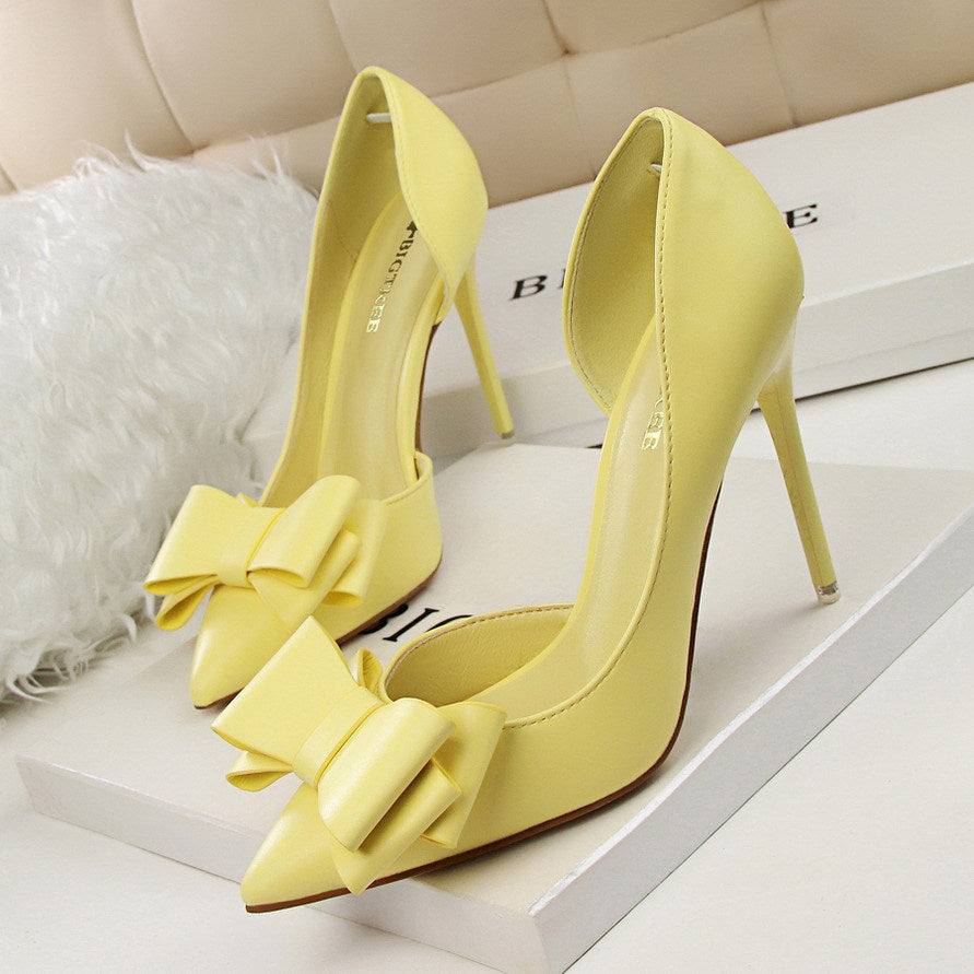 3168-2 Korean Fashion Show Gas Sweet Bow High Heels Stiletto Heel Low-cut Pointed Side Hollow Shoes