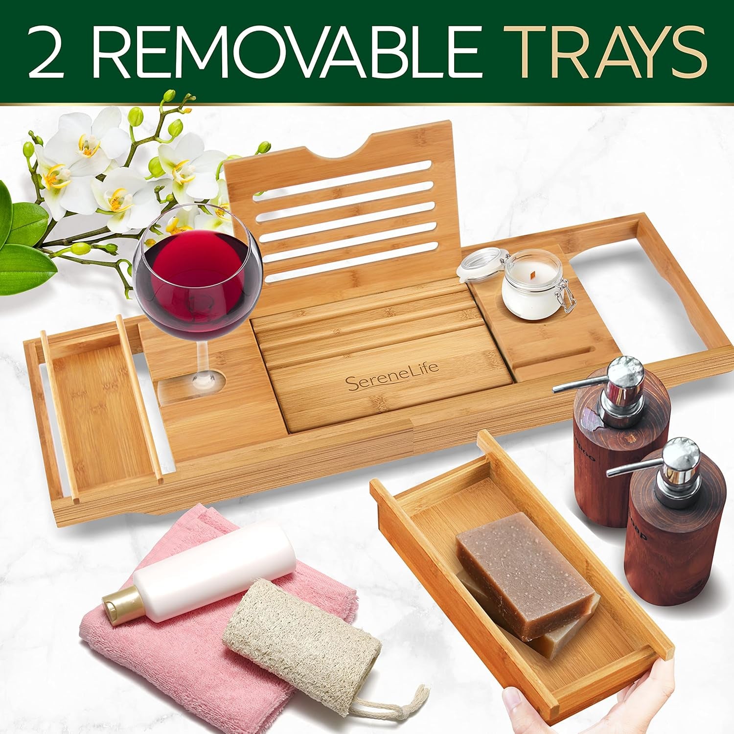 Bath Caddy Breakfast Tray Combo - Natural Bamboo Wood Waterproof Tub and Bed with Folding Slide-Out Arms, Device Grooves, Wine Glass Soap Holder