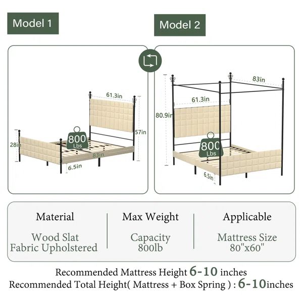 Grid Panel Canopy Bed - Beige Linen - QN