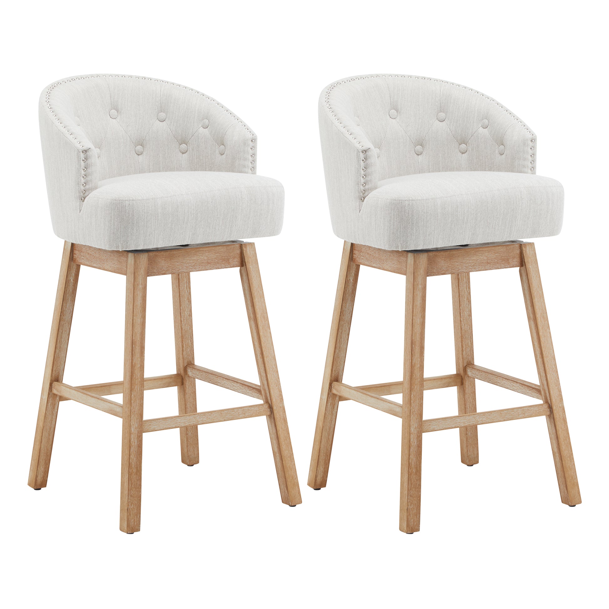 33.25&quot; Swivel Counter Stools Set of 2, Upholstered Counter Height Bar Stools with Solid Rubber Wood Frame, Backrest, Footrest, Armless Barstools for Home Bar, Kitchen Counter, Natural + Beige