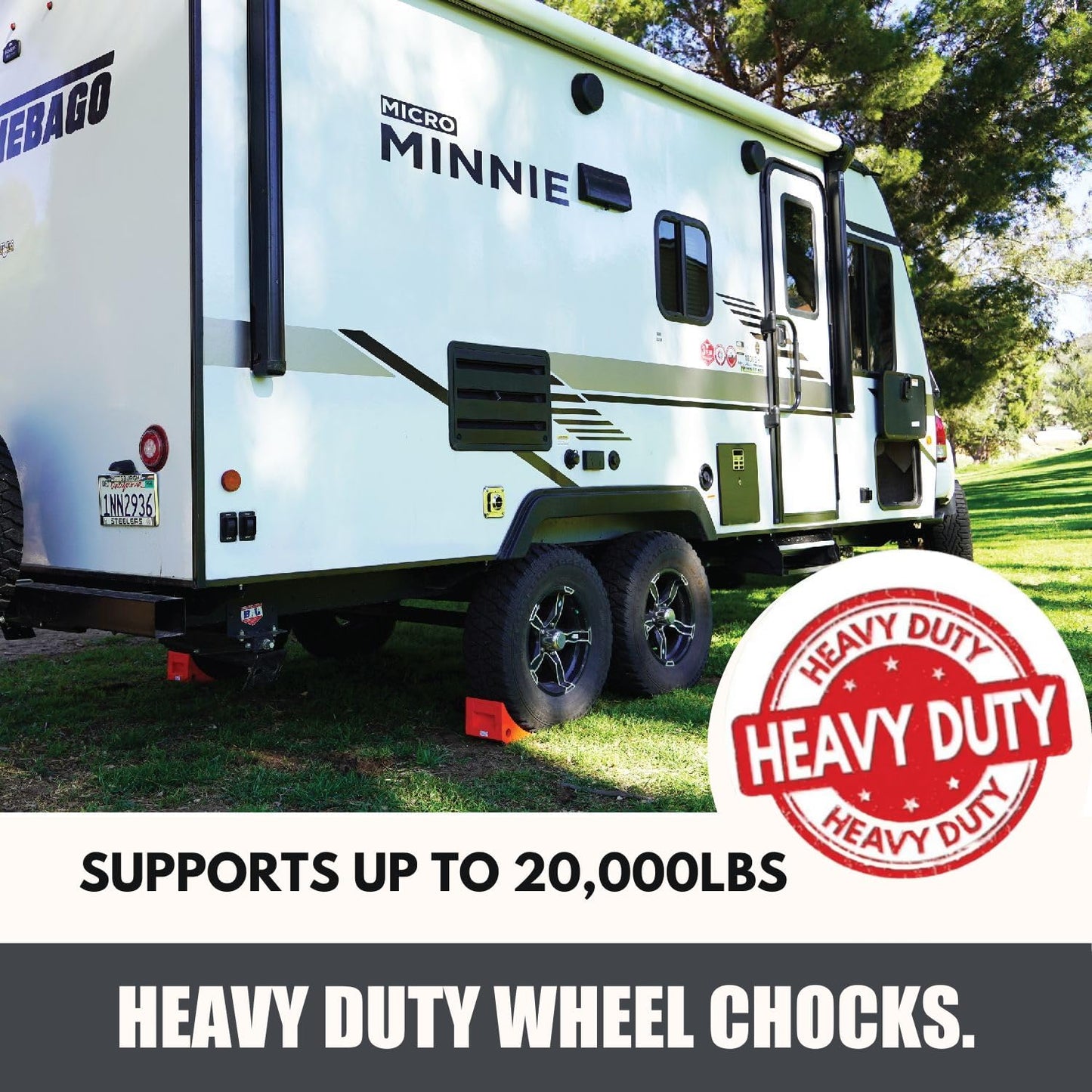 Heavy Duty Wheel Chocks (2 Pack) - Durable, Non-Slip, Solid Rubber Wheel Chocks for Boat Trailers, RV, Truck, Camper - Perfect on All Surfaces and in All Weather - Orange…