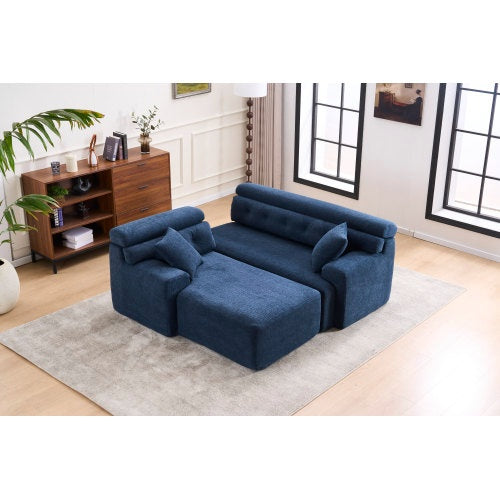 LY-029B WHITE COMPRESSION SOFA Combining Chaise Longue With 3-seater  Wood Grain Chenille Fabric, Full Sponge Compression Sofa,combined Sofa With 2 Pillows For Living Home Furniture