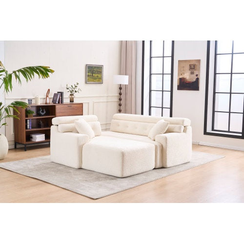 LY-029B WHITE COMPRESSION SOFA Combining Chaise Longue With 3-seater  Wood Grain Chenille Fabric, Full Sponge Compression Sofa,combined Sofa With 2 Pillows For Living Home Furniture