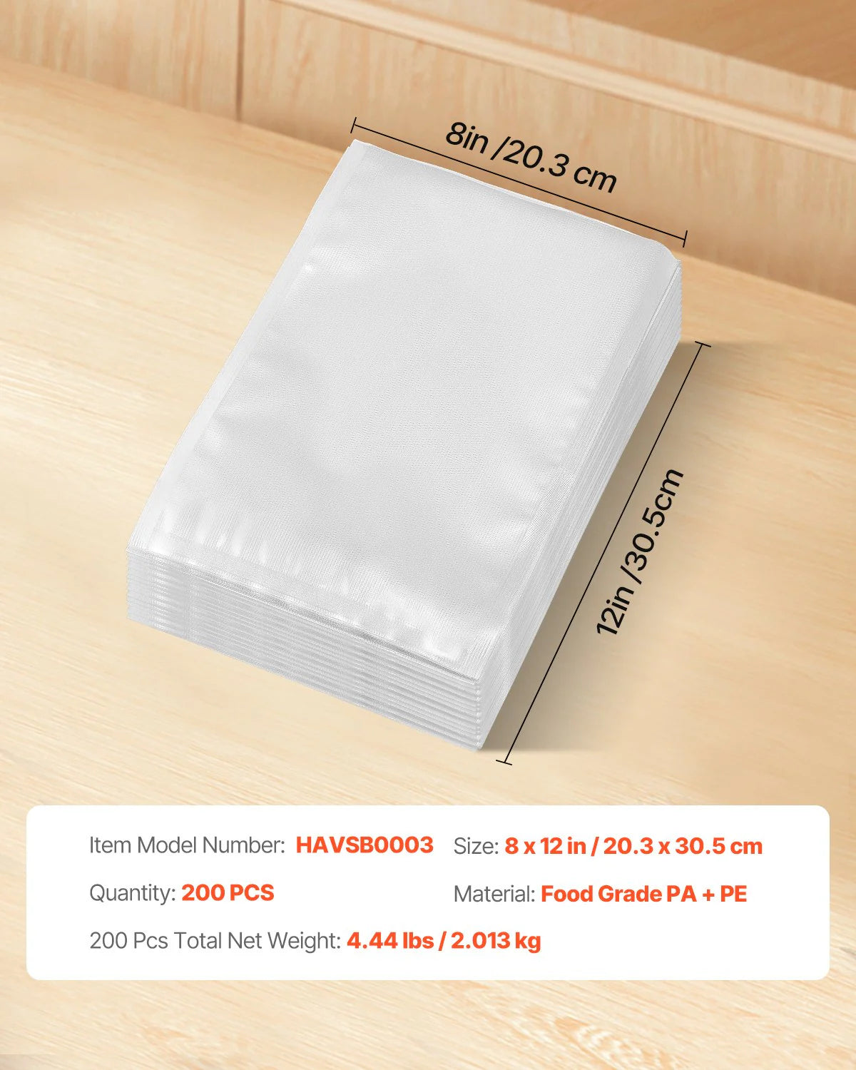 Vacuum Sealer Bags 200 PCS 8 X 12 Inch Non-Bpa Food Grade Sealing Storage Bag