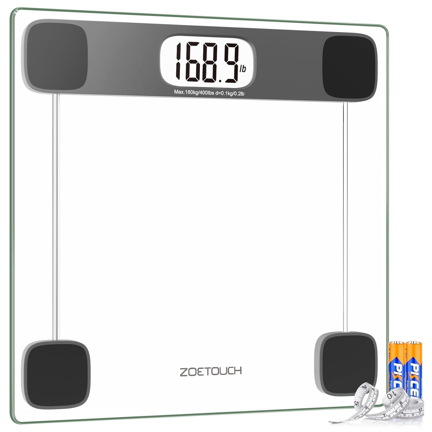 Scale for Body Weight Digital Bathroom Scale Accurate Weighing Machine for People, High Precision Bath Scale, Step On, Tempered Glass LCD Display Batteries and Tape Measure Included, 400Lbs