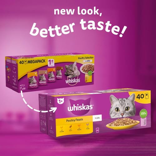 WHISKAS 1+ Adult Poultry Selection Wet Cat Food Pouches 40 x 85 g, 40 Jelly Pouches, Bulk Cat Food Megapack