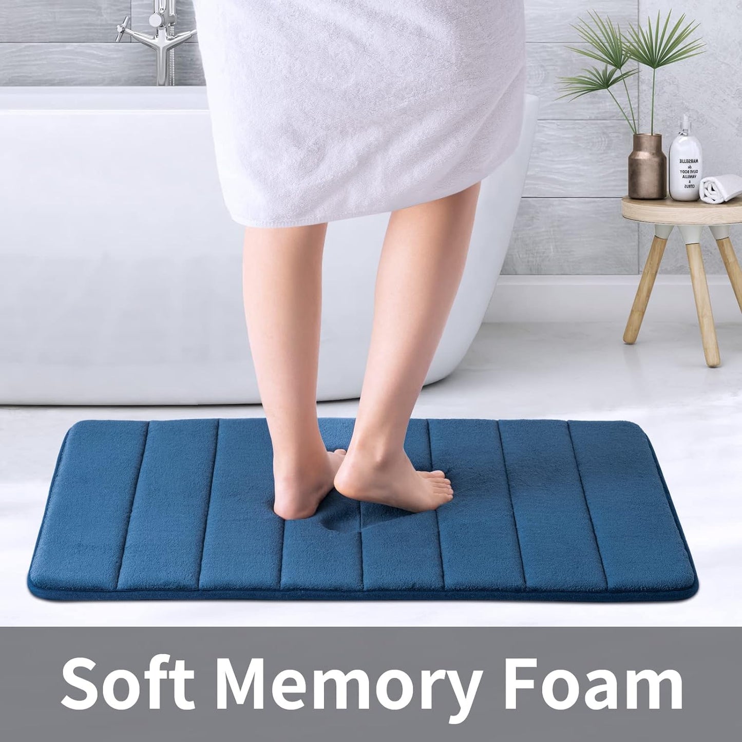 Memory Foam Bath Mat 20” X 32”, Water Absorbent Shower Mat, Thick Bath Rugs for Bathroom Non Slip with PVC Backing, Ultra Soft Bathroom Rugs for Bathroom Floor & Tub, Navy