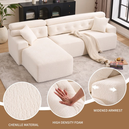 LY-029B WHITE COMPRESSION SOFA Combining Chaise Longue With 3-seater  Wood Grain Chenille Fabric, Full Sponge Compression Sofa,combined Sofa With 2 Pillows For Living Home Furniture