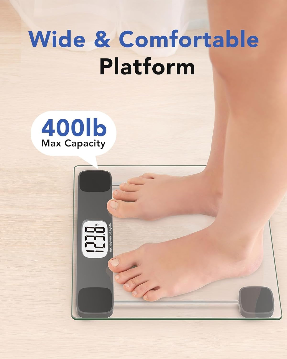 Scale for Body Weight Digital Bathroom Scale Accurate Weighing Machine for People, High Precision Bath Scale, Step On, Tempered Glass LCD Display Batteries and Tape Measure Included, 400Lbs