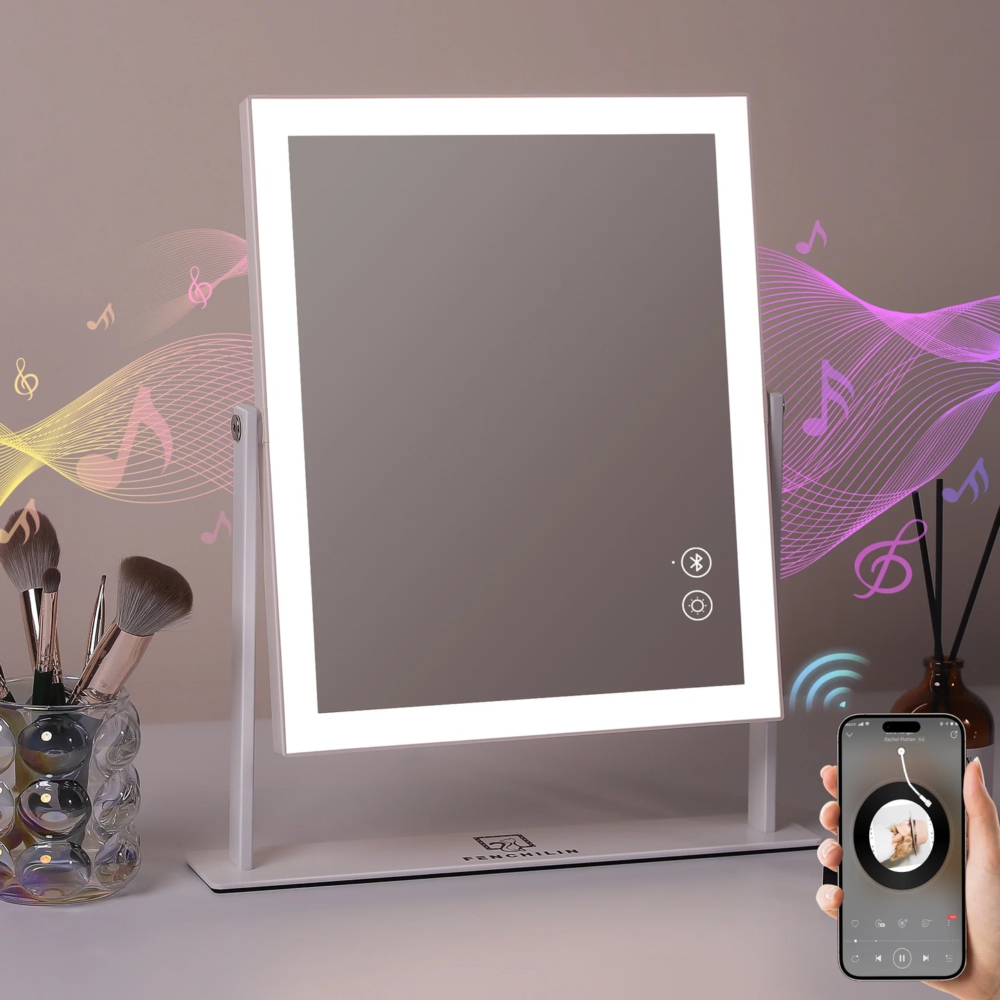 12''X14'' Vanity Makeup Mirror with Lights Bluetooth Metal Tabletop White