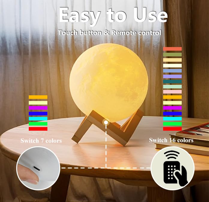 ACED Moon Lamp 2024 Upgrade with Timing 3D Printing Moon Night Light 16 Colours with Wooden Stand Remote & Touch Control and USB Rechargeable Gift for Her Him Kids Women Men Birthday