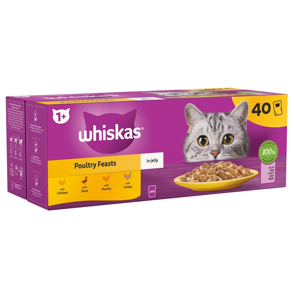 WHISKAS 1+ Adult Poultry Selection Wet Cat Food Pouches 40 x 85 g, 40 Jelly Pouches, Bulk Cat Food Megapack