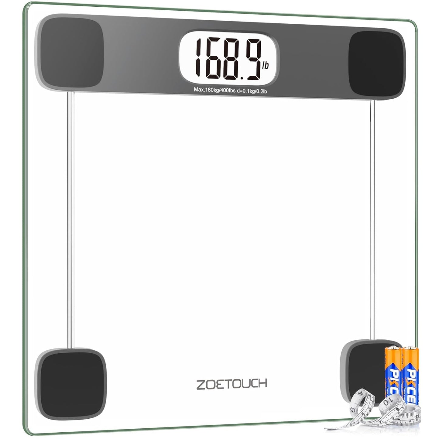 Scale for Body Weight Digital Bathroom Scale Accurate Weighing Machine for People, High Precision Bath Scale, Step On, Tempered Glass LCD Display Batteries and Tape Measure Included, 400Lbs