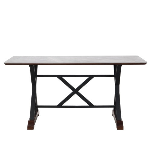 Sintered Stone Dining Table, 63 Modern Gray Rectangular Kitchen Dinner Table, Faux Marble Dining Room Table With X-shaped Metal Legs And Solid Wood Base, Scratch And Heat Resistant, Table Only