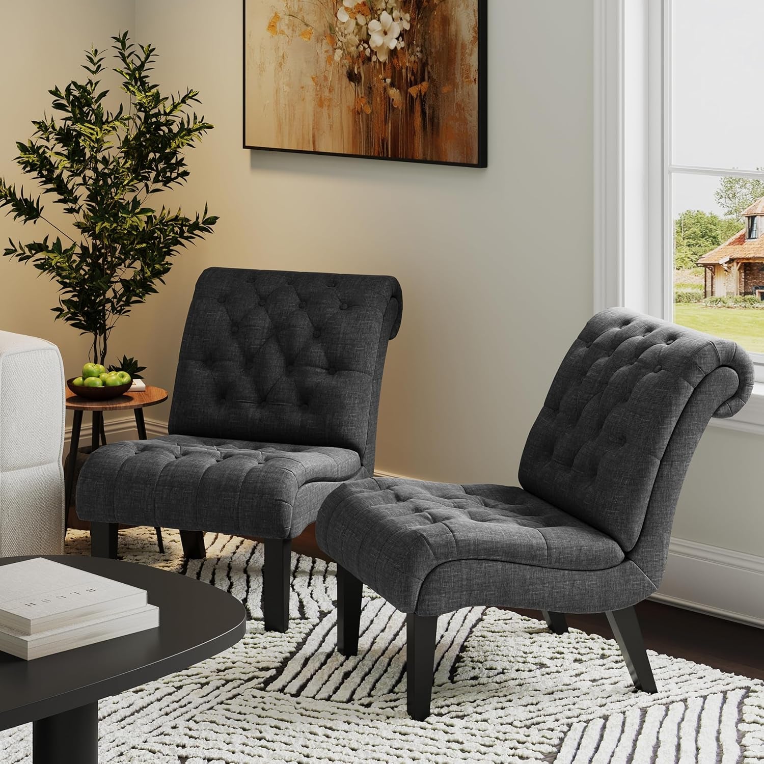 Living Room Chairs Set of 2 Modern Accent Chair, Upholstered Tufted Armless Bedroom Chairs Lounge Sofa Backrest Fabric Recliner Chair Wood Legs-Grey