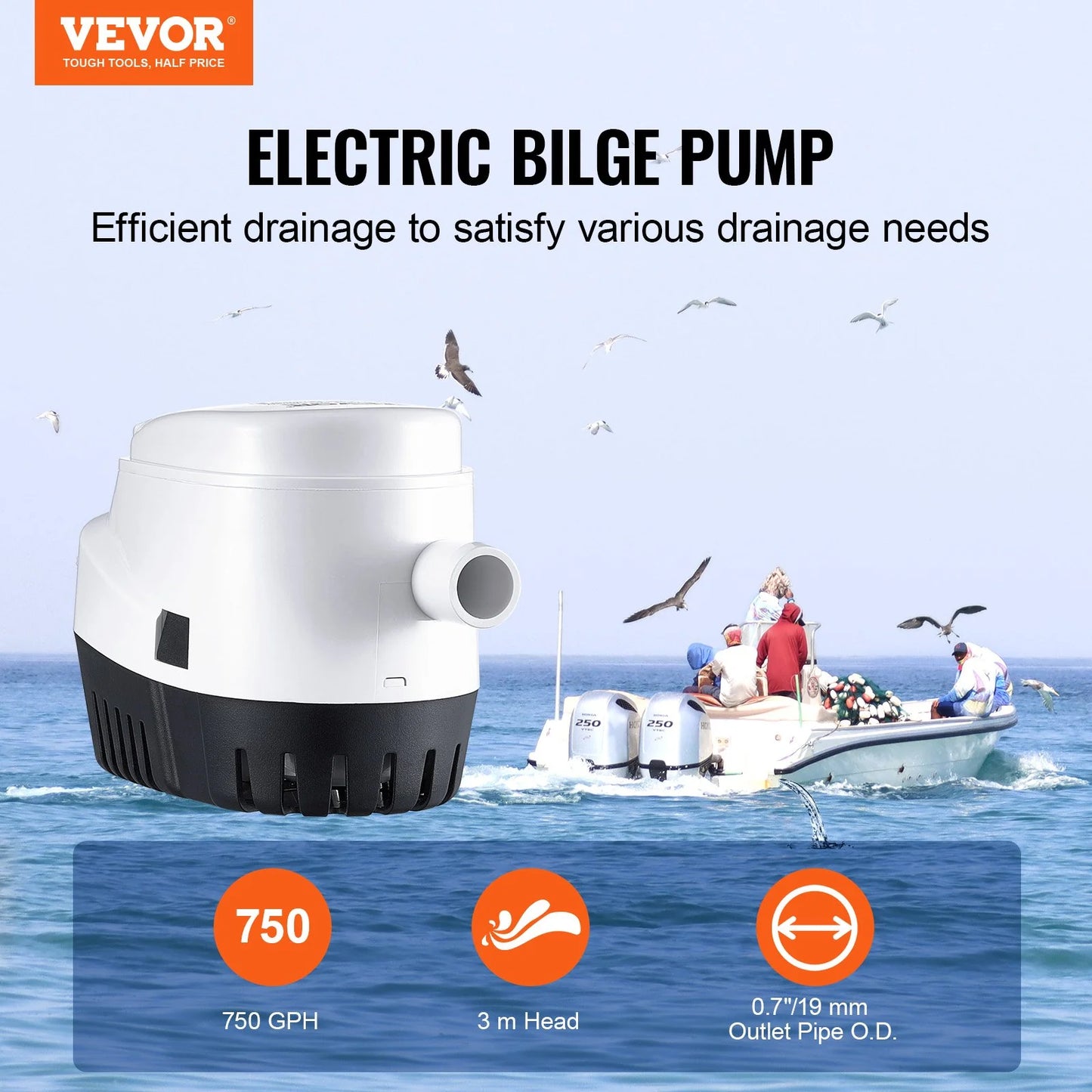 VEVOR Bilge Pump, 750GPH 12V Automatic Submersible Boat Bilge Water Pump with Float Switch, 0.7 Outlet Diameter, Small Boat Bilge Pump, Marine Electric Bilge Pump for Boats, Ponds, Pools, Basements