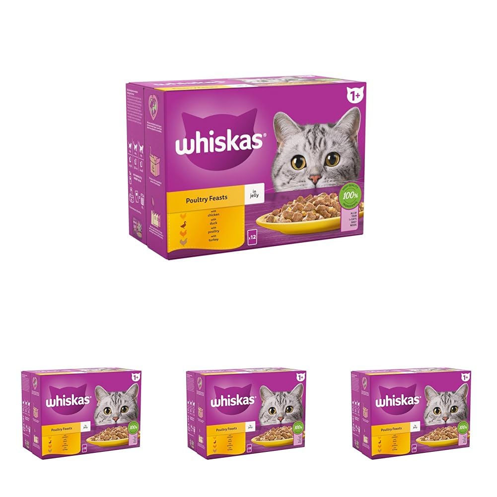 WHISKAS 1+ Adult Poultry Selection Wet Cat Food Pouches 40 x 85 g, 40 Jelly Pouches, Bulk Cat Food Megapack