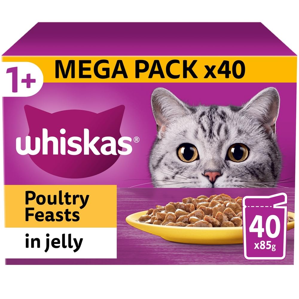 WHISKAS 1+ Adult Poultry Selection Wet Cat Food Pouches 40 x 85 g, 40 Jelly Pouches, Bulk Cat Food Megapack