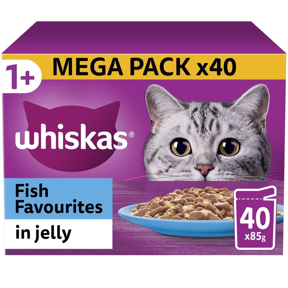 WHISKAS 1+ Adult Poultry Selection Wet Cat Food Pouches 40 x 85 g, 40 Jelly Pouches, Bulk Cat Food Megapack