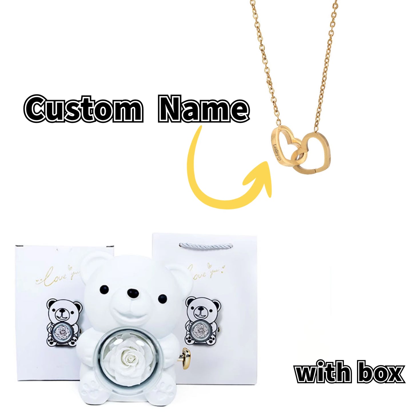 Teddy Bear Gift Box-Rotating Eternal Rose Box with Necklace for Wedding Custom Name Necklace Jewelry for Women Gift Girlfriend