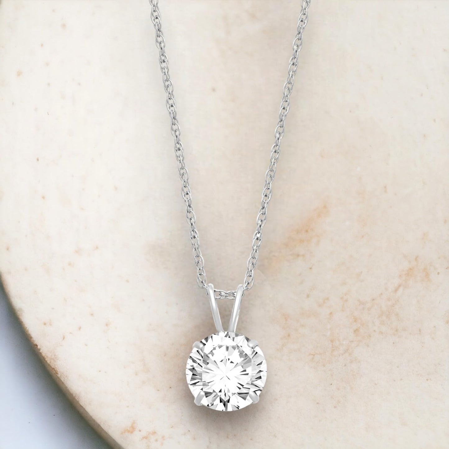 10K Solitaire Pendant Necklace for Women | Yellow or White Gold 6.5MM (1 Cttw) or 7.5MM (1.5 Cttw) or 8.0MM (2.0 Cttw) round Cut Cubic Zirconia Necklace | 18” Rope Chain | with Jewelry Gift Box