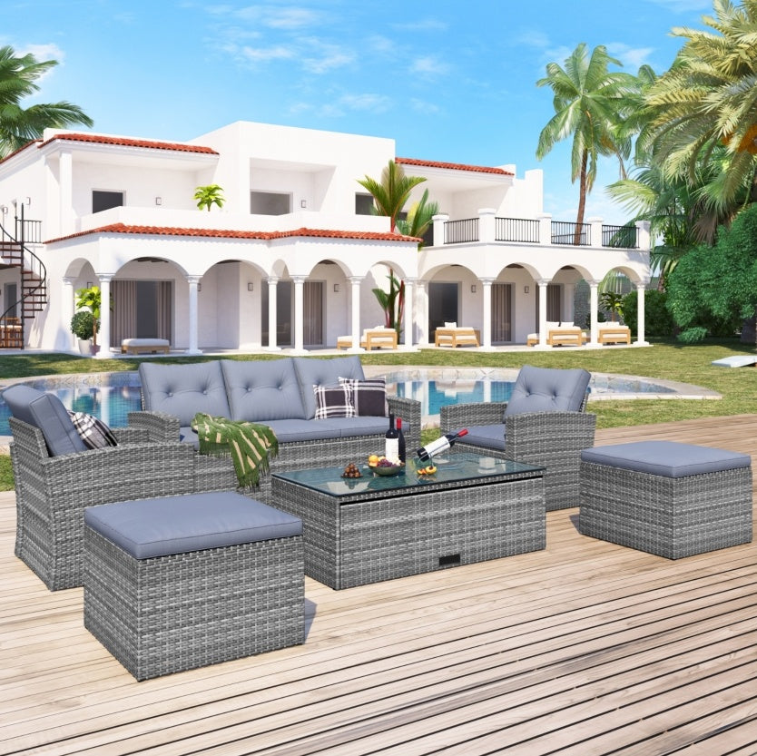 6-Piece All-Weather Wicker PE Rattan Patio Dining Set With Coffee Table